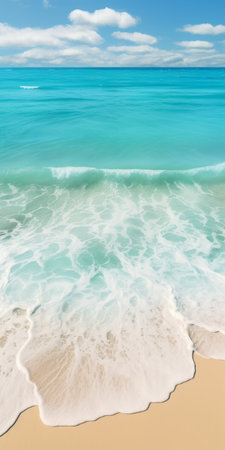waves gently roll onto the sandy beach, creating a mesmerizing sight. the turquoise and white hues of the water blend harmoniously, forming a serene and captivating scene. this high-definition image showcases the beauty of mediterranean landscapes, captured with a pentax k1000 camera from a birds-eye-view perspective. the post-processing enhances the saturated pigment pools, adding depth to the overall composition. ai generatedの素材
