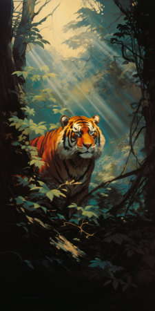 tiger in the jungle - a captivating poster art featuring a majestic tiger amidst lush greenery. this masterpiece showcases the mastery of light and the use of chiaroscuro portraitures, reminiscent of the eastern brushwork style. with high resolution, this artwork beautifully captures the essence of the tiger in the jungle, drawing inspiration from the 1970s-present era and the american scene painting tradition. ai generatedの素材