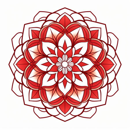 a red and white floral design featuring an intricate pattern, showcasing minimalistic symmetry. this colored cartoon-style tattoo design is influenced by zen buddhism, with a white background and high-contrast shading. the meticulous technique used in creating this design adds to its overall appeal. ai generatedの素材