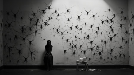 a person sits in front of an old room adorned with tree branches on the wall, featuring a unique style reminiscent of insect-made art. the room showcases monochromatic portraits, theatrical installations, and dark matter art, drawing inspiration from indonesian art. the color palette predominantly consists of light black and gray, creating a caravaggesque chiaroscuro effect. ai generatedの素材