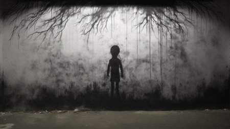 a street art featuring a creepy gratitude painting in black and white. the artwork showcases a mark shouting with shadows on the wall, creating a sense of loneliness. the piece resembles a real pencil sketch on paper, adding to its eerie atmosphere. ai generatedの素材