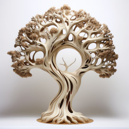 a hyper-realistic sculpture of a wooden tree, inspired by the organic forms of art nouveau. this physically based rendering showcases the playfully intricate swirling vortexes and negative space sculptures. the sculpture is beautifully crafted with a combination of light beige and orange tones, creating a visually stunning piece of art. ai generatedの素材