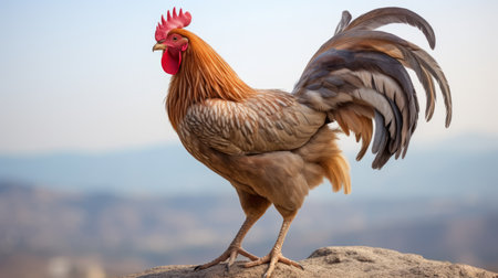 a rooster perched on a rock in the countryside, showcasing a light gold and light brown color palette. this national geographic photo captures the rooster's heroic masculinity and bold colorism, with shades of light red and light brown. the dignified poses and birds-eye-view perspective add to the overall impact of the image. ai generatedの素材