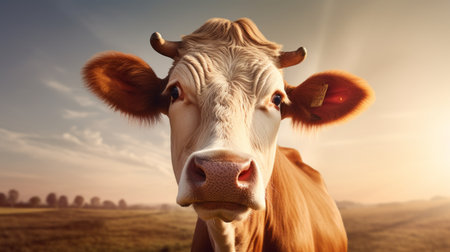 a cow standing in a field with its head up, captured in a visually stunning vray tracing style. the image showcases a mix of light orange and brown tones, creating emotionally charged portraits. this advertising-inspired, iso 200, uhd image offers a hyper-realistic representation of the cow in its natural environment. ai generatedの素材