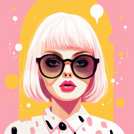 a woman with white hair and glasses is depicted in this colorful illustration. the design features a girl with polka dots, along with an owl portrait. the style of the artwork combines dark pink and light amber tones, creating vibrant and eye-catching compositions. inspired by the fashion-illustration of dino valls, this retro glamor piece showcases charming characters in light yellow and pink hues. ai generatedの素材
