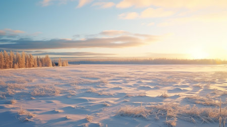 winter sunset in a serene grassy landscape, captured with the panasonic lumix s pro 50mm f/1.4 lens. the image showcases a stunning blend of light yellow, light blue, light white, and light maroon hues, creating a dreamlike and luminous scene. the hazy atmosphere adds to the enchanting ambiance, reminiscent of native american, first nations, and alaska native art. ai generatedの素材