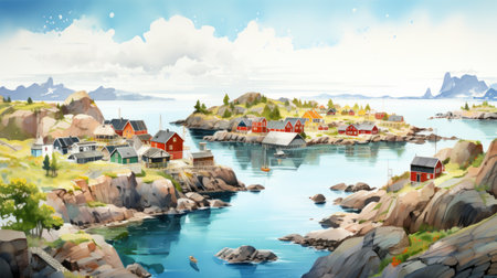 a stunning 8k resolution cartoon illustration captures the beauty of a norwegian-inspired lake scene. the artwork showcases boats peacefully sailing on the water, surrounded by charming houses. with rich, painterly surfaces and intricate details, this marine biology-inspired illustration offers a breathtaking view of the natural world. ai generatedの素材