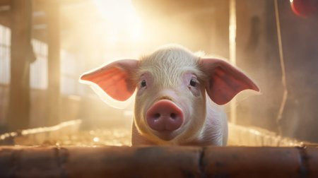 a small pig stands in front of a stove, basking in the soft and dreamy sunrays. the farm security administration aesthetics add a touch of nostalgia to the scene, with light gold and pink hues. captured in 32k uhd, the photo emphasizes the pig's facial expression. ai generatedの素材