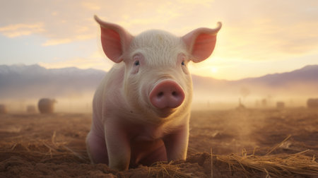 a white pig stands in a sunlit field, showcasing the stunning visuals of unreal engine 5. the pig's light pink and amber hues, combined with the soft atmospheric perspective, create a visually captivating scene. the precisionism influence adds a touch of artistic flair, while the comical caricatures and innovating techniques make this close-up photo truly unique. ai generatedの素材
