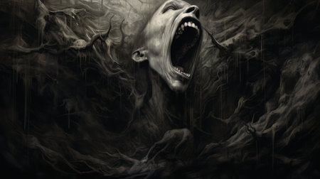 abstract art: a haunting black and white painting depicting a creepy humiliation scene. the artwork showcases a richard figure shouting amidst shadows on the wall, evoking a sense of loneliness. the piece resembles a realistic pencil sketch on paper, adding to its eerie atmosphere. ai generatedの素材