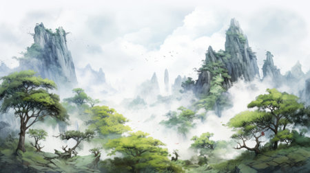 a stunning 4k painting capturing a wuxia faerie landscape, featuring intricate details of trees, waterfalls, and mist. the accurate and detailed style brings the white and green hues to life, while the atmospheric clouds add to the overall enchanting atmosphere. with a resolution of 3840x2160, this illustrative artwork is a visual masterpiece. ai generatedの素材