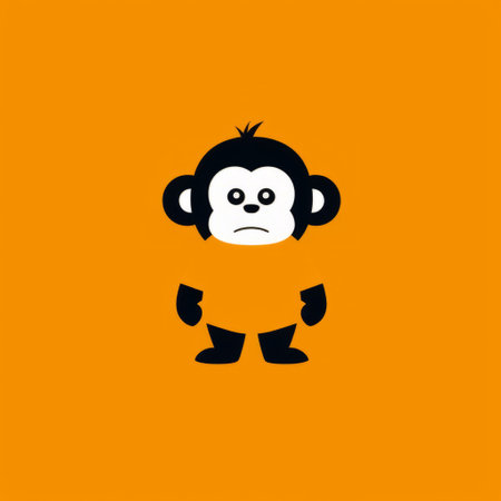 the black and orange monkey is depicted on an orange background in a simplistic cartoon style. this minimalist graphic designer captures raw emotions in their cute and cleverly designed cartoonish creations. the photo can be found on flickr and is associated with the keywords chinapunk, cute cartoonish designs, and clever use of negative space. ai generatedの素材