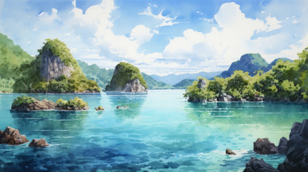 a watercolor background featuring mountains and ocean scenery serves as the backdrop for this anime-inspired artwork. the delicately rendered landscapes showcase a realistic perspective, while the saturated pigment pools create a vibrant and captivating visual experience. the serene faces of the characters add a sense of tranquility to the overall composition. this 32k uhd image captures the essence of nabis art style. ai generatedの素材