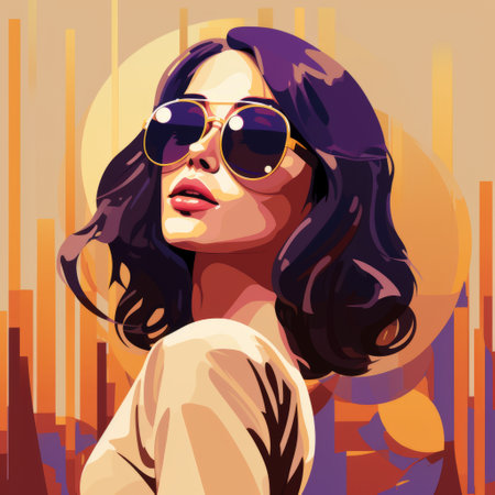 linda avatar, a graphic illustration showcasing abstract memphis and minimalism. the image features a dark brown-haired girl wearing polarized sunglasses against a gold background. the clean lavender background adds a trendy touch to this 3:4 aspect ratio artwork. ai generatedの素材