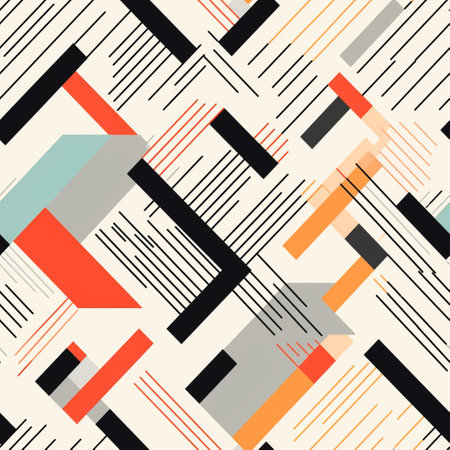 a geometric design seamless background featuring abstract seamless irradiated black, white, and color abstract doodles. this vector artwork is created in the style of el lissitzky, with teal and orange hues. the design showcases layered lines, light orange, and dark gray tones, along with minimalist strokes. it is reminiscent of mid-century illustration and is composed of rectangular fields. ai generatedの素材
