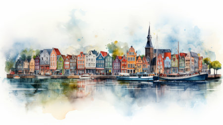 a watercolor illustration capturing the charm of copenhagen's houses, painted in a vibrant and colorful style reminiscent of dutch marine scenes. this artwork showcases a panoramic scale with hyper-realistic water, creating a stunning backdrop. the use of gothic references and colorful pixel-art adds a unique touch to this 32k uhd masterpiece. ai generatedの素材
