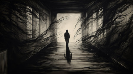 a haunting image in the style of tomasz alen kopera, this charcoal drawing depicts ghostly figures wandering through haunted hallways. the rough-edged 2d animation and monochromatic expressionism create a moody atmosphere. this speedpainting showcases the artist's skill in digital painting. ai generatedの素材