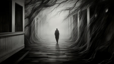 a creepy black and white architecture painting featuring a shouting daniel amidst shadows on the wall. this eerie artwork evokes a feeling of loneliness, resembling a realistic pencil sketch on paper. ai generatedの素材