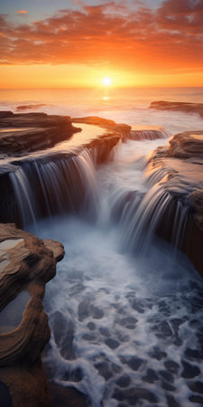 falling rocks covered with water at sunset in the ocean, showcasing the mesmerizing beauty of australian landscapes. the image captures the flowing draperies and rim light, creating a naturalistic color palette. shot on 70mm, this photograph exudes a breathtaking charm that is hard to believe. ai generatedの素材