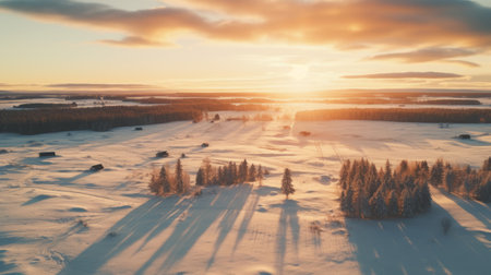 aerial view in winter of a snow-covered landscape with trees at sundown. this photo captures the essence of rural life, reminiscent of tyko sallinen's style. shot with the sony fe 12-24mm f/2.8 gm lens and the tokina at-x 11-16mm f/2.8 pro dx ii lens, it features an anamorphic lens flare and soft light. ai generatedの素材