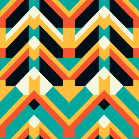a geometric background featuring intersecting colors inspired by mesoamerican influences. the dark turquoise and orange, light yellow and dark cyan create a vibrant and eye-catching palette. zigzags, bold block prints, and sharp perspective angles add depth and visual interest. the bold graphic illustrations further enhance the dynamic nature of the design. ai generatedの素材