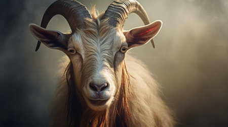 a goat with long horns gazes into the fog, showcasing distinct facial features. the photo, in the style of light beige and maroon, draws inspiration from precisionism. captured in 32k uhd, the image exudes an unpolished authenticity. the dynamic and exaggerated facial expressions of the goat are enhanced by the use of a manual focus lens. ai generatedの素材