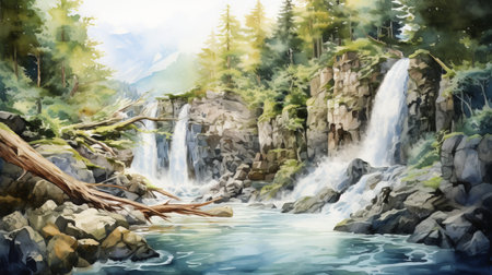 a stunning watercolor illustration captures the beauty of a mountain waterfall. this whistlerian-style artwork showcases the intricate details and realistic rendering of the environment. the uhd image showcases the artist's skill in creating hyper-detailed illustrations, reminiscent of the danube school. the illustration also features elements of environmental portraiture and detailed hunting scenes. ai generatedの素材