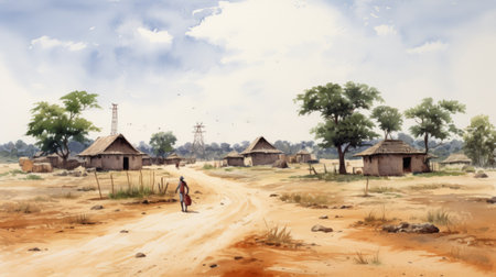 a road in the background, depicted in the style of primitive structures and watercolor illustrations, reminiscent of igbo/ibo art. this high-resolution image captures the essence of rural life with its dusty piles and flattened perspective. perfect for those seeking authentic and unique depictions of traditional landscapes. ai generatedの素材