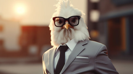 a chicken struts confidently in a photorealistic style, dressed in a black and white suit, complete with a tie, sunglasses, and polished shoes. with a cute-meets-boss style, this chicken exudes the aura of an epic ceo. the image showcases a walking position, enhanced by depth of field and cinematic lighting, resulting in an ultra hd, 32k resolution. ai generatedの素材