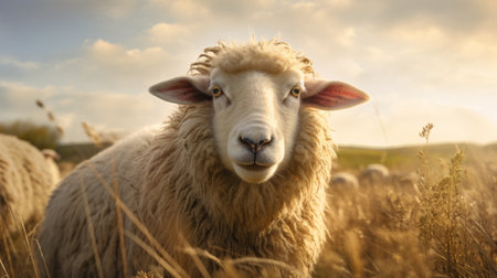 a sheep stands in a tall, dry field, captured in a portrait-style photograph with soft lighting. the image, created using tilt-shift lenses, showcases a color palette of light yellow and light beige. rendered in cinema4d, this depiction of animals highlights the sheep's lively facial expressions. ai generatedの素材