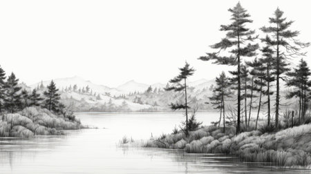a black and white sketch of a river flowing alongside a forest, showcasing a realistic and detailed rendering. the hazy landscapes and serene watercolors create a misty atmosphere, while the elegant inking techniques and detailed marine views give it a whistlerian touch. ai generatedの素材
