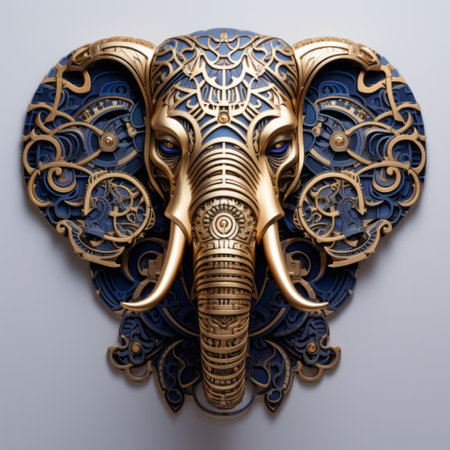 the gold and blue elephant sculpture is a stunning piece of art, showcasing a realistic and hyper-detailed rendering. created by the talented object portraiture specialist, samikshavad, this sculpture is a testament to their skill and expertise. with vray tracing techniques, the sculpture exudes a luxurious and captivating aura. it would make a perfect addition to any collection of wall hangings or as a centerpiece forの素材