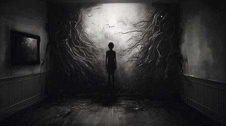 a person gazes out of a window in an empty room, illuminated by the dim light of the dark night. the scene is reminiscent of fantastical and otherworldly creatures, captured in black and white realism. the artwork, created in the style of speedpainting, showcases supernatural creatures against a cyclorama backdrop. the detailed texture adds depth to the captivating image by sana takeda. ai generatedの素材
