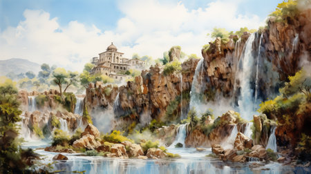 an oil painting in watercolour depicting a majestic waterfall cascading beside a captivating castle. this artwork, inspired by the style of masamune shirow and rendered in unreal engine, showcases a stunning panorama of classical architecture. with elements of dansaekhwa and concept art, this masterpiece is presented in mesmerizing 8k resolution. ai generatedの素材