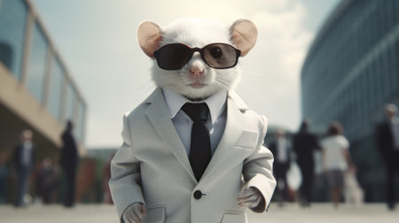 a rat dressed in a black and white suit, complete with a tie, sunglasses, and polished shoes. this photorealistic image captures the rat in a walking position, exuding a cute yet boss-like demeanor. the depth of field, cinematic lighting, and ultra hd resolution enhance the details of this 32k image. ai generatedの素材