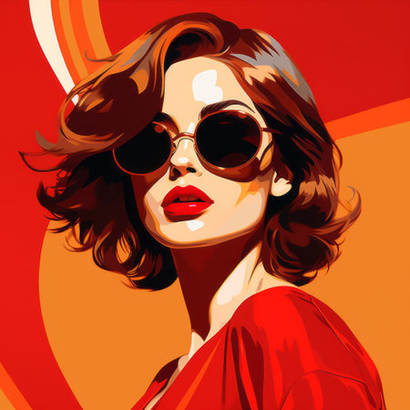 a woman exudes glamour and confidence in this intense portraiture illustration. she dons stylish sunglasses and a vibrant red dress, capturing attention with her bold character design. the saturated palette of rollerwave, dark orange, and light amber adds depth and richness to the artwork. this large format film-inspired illustration evokes the allure of glamorous hollywood portraits. ai generatedの素材