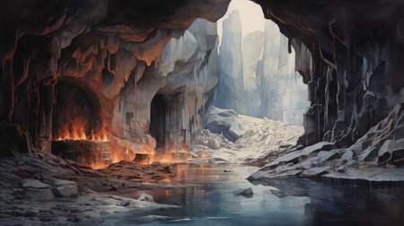 an underground cave with water and rocks is depicted in this image, resembling precise and detailed architecture paintings. the scene is reminiscent of snow scenes, with a color palette of light gray and orange. the monochrome painting style adds a touch of stark realism, while split toning enhances the overall atmosphere. the image captures the essence of dragoncore aesthetics. ai generatedの素材