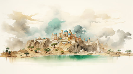 a medieval landscape featuring a castle on a hill is depicted in this high-quality watercolour illustration. the artwork is done in the style of turquoise and beige, reminiscent of exotic fantasy landscapes and qajar art. the detailed character illustrations and mind-bending murals add depth to the scene, evoking the grandeur of the kushan empire. ai generatedの素材