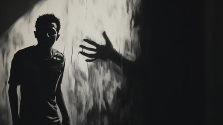 a performance art piece featuring a creepy frustration painting in black and white. the artwork showcases a michael shouting, surrounded by shadows on the wall. the piece evokes a profound sense of loneliness and is reminiscent of a realistic pencil sketch on paper. ai generatedの素材