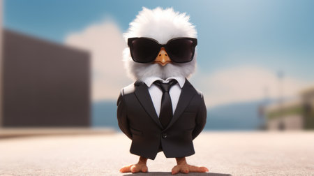 a chicken struts confidently in a photorealistic style, dressed in a black and white suit, complete with a tie, sunglasses, and polished shoes. with a cute-meets-boss style, this chicken exudes the aura of an epic ceo. the image captures the chicken in a walking position, with a depth of field effect and cinematic lighting, resulting in an ultra hd, 32k resolution. ai generatedの素材