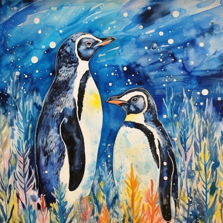 a set of rhino art prints featuring a vibrant depiction of penguins against a blue and white sky. these prints are created in the style of wildlife muralism, combining watercolorist techniques with dappled textures. the artwork is a joyful celebration of nature, capturing luminist landscapes and embodying the expressive and mixed media techniques of a whistlerian artist. ai generatedの素材