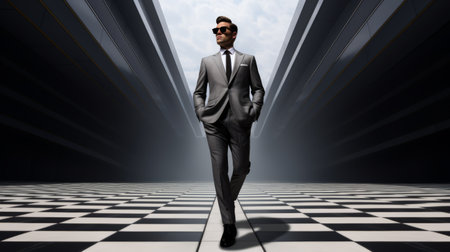 a stylish clam dressed in a black and white suit, complete with a tie, sunglasses, and polished shoes. this photorealistic depiction captures the clam in a walking position, exuding a cute-meets-boss style. the image showcases a depth of field effect, cinematic lighting, and is rendered in ultra hd with 32k resolution. ai generatedの素材