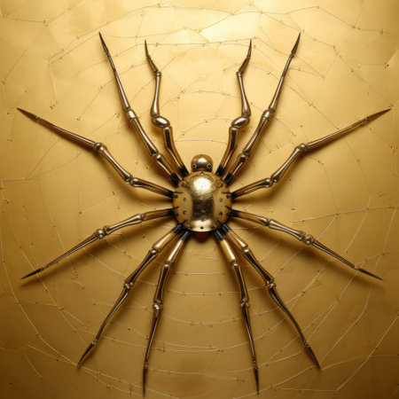 a golden spider, intricately detailed in a hyperrealistic style, is captured in this photograph by hugh kretschmer. the spider stands out against a hellish background, surrounded by symbolic props. the sleek metallic finish adds to the overall visual impact of this national geographic photo. ai generatedの素材