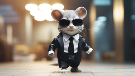 a stylish mouse dressed in a black and white suit, complete with a tie, sunglasses, and polished shoes. this photorealistic image captures the mouse in a walking position, exuding a cute yet boss-like demeanor. the depth of field, cinematic lighting, and ultra hd quality make this 32k photo truly remarkable. ai generatedの素材