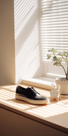 a shoe placed on a minimalist japanese-style synthetic leather table, positioned next to a window. the black and beige color scheme creates a whimsical ambiance in this minimalist still life. the photograph, captured by an interior design photographer using a canon eos r5, showcases a lot of detail in the objects. with a touch of film grain and a cinemotographic feel, this 32k uhd imageの素材