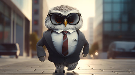 an owl dressed in a black and white suit, complete with a tie, sunglasses, and polished shoes, exudes an epic ceo boss vibe. the photorealistic style captures the owl in a walking position, showcasing its cute yet boss-like appearance. with a depth of field, cinematic lighting, and ultra hd resolution, this 32k image is truly captivating. ai generatedの素材