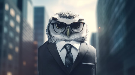 an owl dressed in a black and white suit, complete with a tie, sunglasses, and polished shoes. this photorealistic image captures the owl in a walking position, exuding a cute yet boss-like style. the depth of field, cinematic lighting, and ultra hd quality make this 32k photo truly remarkable. ai generatedの素材