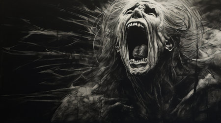 a hyper-detailed, large-scale painting of a female screaming and screaming. the drawing is done in a realistic chiaroscuro lighting style, with dark white and silver tones. the artwork features ghoulpunk elements and trompe-l'oeil illusionistic details. it is perfect for large-scale murals. ai generatedの素材