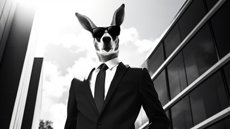 kangaroo dressed in a stylish black and white suit, complete with a tie, sunglasses, and polished shoes. this photorealistic image captures the kangaroo in a walking position, exuding a cute yet boss-like demeanor. the depth of field, cinematic lighting, and ultra hd quality make this 32k photo truly remarkable. ai generatedの素材