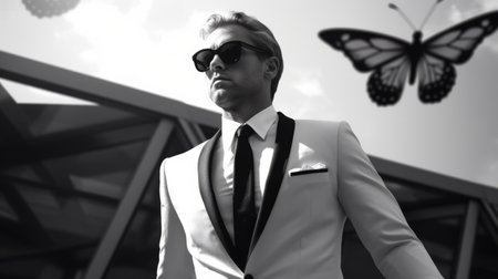 a butterfly, dressed in a black and white suit, complete with a tie, sunglasses, and polished shoes, exudes an epic ceo boss vibe. the photorealistic style captures its walking position, blending cuteness with a boss-like demeanor. the image showcases a depth of field effect, enhanced by cinematic lighting, resulting in an ultra hd, 32k resolution. ai generatedの素材